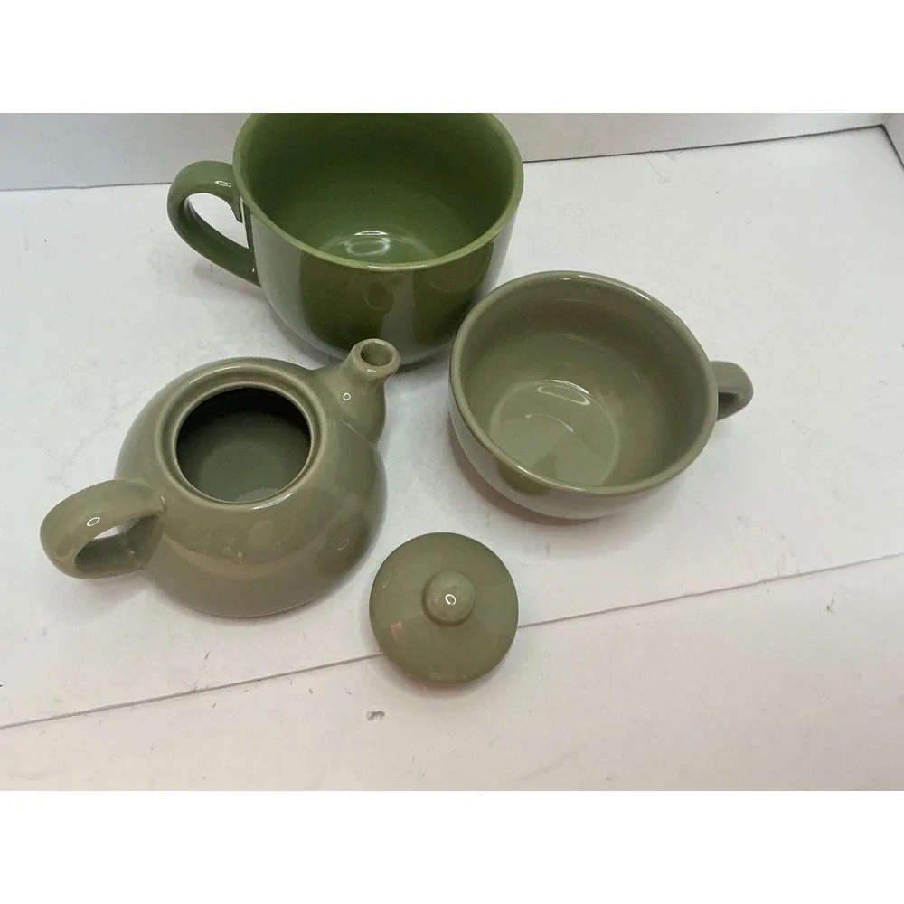 Pier 1 Tea for One Set Sage Green Ceramic Stackable Teapot and Cup Small Minimal
